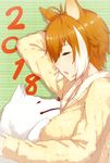  2018 animal_ears antenna_hair blazblue breasts brown_hair chinese_zodiac dog highres large_breasts makoto_nanaya multicolored_hair purinnssu short_hair sleeping solo squirrel_ears squirrel_girl sweater two-tone_hair year_of_the_dog 