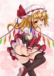  ass backless_dress backless_outfit bare_shoulders black_legwear black_panties blonde_hair bushi_(1622035441) detached_sleeves dress eyebrows_visible_through_hair fang flandre_scarlet from_behind hat hat_ribbon highres leg_up long_hair looking_at_viewer mob_cap nail_polish open_mouth panties panty_pull pink_background red_dress red_eyes red_footwear red_nails red_ribbon ribbon shoes short_dress smile solo thighhighs touhou underwear wings 