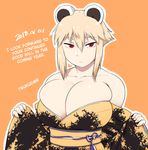  1girl 2018 animal_ears araiguma-san bare_shoulders blonde_hair breast_squeeze breasts cleavage collarbone commentary_request dated expressionless hard_translated huge_breasts japanese_clothes kimono looking_at_viewer new_year no_bra obi off_shoulder original raccoon_ears red_eyes sash short_hair skindentation solo translated tsukudani_(coke-buta) wide_sleeves 