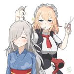  alternate_costume apron bad_id bad_pixiv_id bangs blonde_hair blue_eyes blue_kimono blush braid breasts closed_eyes closed_mouth commentary_request eyebrows_visible_through_hair g36_(girls_frontline) g36c_(girls_frontline) girls_frontline hair_between_eyes hair_dryer hair_over_one_eye hair_tie_in_mouth half-closed_eyes holding holding_another's_hair holding_scissors jacket japanese_clothes kimono kong_(ksw2801) long_hair looking_at_another maid maid_apron maid_headdress medium_breasts mouth_hold multiple_girls necktie obi red_neckwear sash scissors shirt side_braid sidelocks signature silver_hair simple_background smile sparkle sweatdrop tsurime very_long_hair white_background white_shirt 