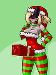  breasts bulge christmas clothed clothing dick_in_a_box dickgirl elf hat holidays humanoid intersex limebreaker mask santa_hat smile solo standing wide_hips 