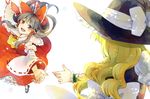  :d akanasu bare_shoulders blouse blush bow brown_hair commentary_request hair_bow hair_tubes hakurei_reimu hat kirisame_marisa large_bow mary_janes multiple_girls open_mouth reaching_out red_eyes sarashi shoes smile touhou wavy_hair witch_hat wrist_cuffs 