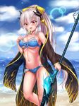  :d beach bikini blue_bikini blue_sky blush bow breasts cleavage cloud cloudy_sky collarbone day eyebrows_visible_through_hair fate/grand_order fate_(series) floating_hair groin hair_between_eyes hair_bow high_ponytail highres holding holding_weapon horns kiyohime_(fate/grand_order) kiyohime_(swimsuit_lancer)_(fate) large_breasts long_hair navel ocean open_mouth outdoors polearm red_eyes see-through sideboob silver_hair sky smile solo spear standing swimsuit tooru_(pixiv12953962) underboob very_long_hair weapon yellow_bow 