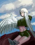  1girl aqua_eyes breasts bulge claws cloud computer feathered_wings feathers glasses harpy highres hood hoodie laptop midriff monster_girl navel nest original rhydwyn sitting sky solo white_feathers white_hair winged_arms wings 