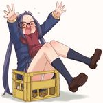  &gt;o&lt; crate glasses hondarai long_hair oogaki_chiaki panties reaching scarf skirt solo stuck sweater underwear yurucamp 