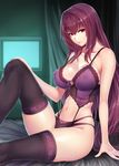  bangs black_legwear black_panties breasts cleavage collarbone commentary_request curtains fate/grand_order fate_(series) hair_intakes hand_on_own_knee hips indoors knee_up large_breasts lingerie long_hair looking_at_viewer multi-strapped_panties navel panties purple_hair red_eyes scathach_(fate)_(all) scathach_(fate/grand_order) sitting solo thighhighs thighs underwear zucchini 