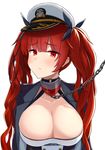  azur_lane black_ribbon blush breasts chain closed_mouth eyebrows_visible_through_hair fu_soulwave hair_ribbon hat highres honolulu_(azur_lane) large_breasts long_hair peaked_cap red_eyes red_hair ribbon simple_background solo sweatdrop upper_body white_background 