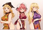  absurdres ahoge bandaged_arm bandages bangs bare_arms black_hat blonde_hair bow breast_hold breasts brown_eyes bun_cover closed_mouth commentary_request constellation_print cropped_legs double_bun embarrassed eyebrows_visible_through_hair flower gradient gradient_background hair_bow hand_up hat highres ibaraki_kasen index_finger_raised large_breasts long_hair looking_at_viewer matara_okina multiple_girls naked_tabard number pelvic_curtain pink_eyes pink_flower pink_hair pink_rose purple_eyes red_bow rose shikido_(khf) smile standing sweatdrop tabard touhou yakumo_yukari yin_yang 