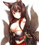  akagi_(azur_lane) animal_ears azur_lane breasts cleavage closed_mouth commentary_request eyeliner fox_ears fox_mask fox_tail hakama_skirt highres japanese_clothes kitsune large_breasts long_hair looking_at_viewer makeup mask red_eyes red_skirt skirt smile solo sukemyon tail wide_sleeves 