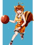  animal_ears antenna_hair ball basketball basketball_uniform blazblue breasts brown_hair chukachuka cleavage highres jersey large_breasts looking_to_the_side makoto_nanaya multicolored_hair open_mouth orange_eyes shoes short_hair shorts sneakers solo sports_bra sportswear squirrel_ears squirrel_girl squirrel_tail sweat tail two-tone_hair wristband 