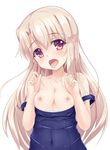  bangs blue_swimsuit breast_suppress breasts breasts_outside collarbone commentary_request covered_navel eyebrows_visible_through_hair fate/kaleid_liner_prisma_illya fate_(series) hands_up head_tilt highres illyasviel_von_einzbern kishimen long_hair looking_at_viewer nipples one-piece_swimsuit open_mouth purple_eyes school_swimsuit simple_background small_breasts solo strap_slip sweat swimsuit tongue tongue_out undressing upper_body white_background 