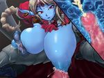  1girl blue_skin breasts breasts_outside censored cum cyborg earring huge_breasts inverted_nipples knightroid_(mon-musu_quest!) lactation large_nipples looking_at_viewer mon-musu_quest! monster_girl multiple_views nipple_penetration nipples penis pointy_ears pov red_eyes tagme third_eye x-ray xelvy 
