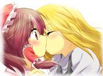  blonde_hair blouse blush bow commentary ema20 hair_bow hair_tubes hakurei_reimu kirisame_marisa kiss large_bow multiple_girls no_hat no_headwear red_eyes red_hair shirt surprised touhou vest yuri 