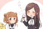  :d =_= alcohol bangs beatrice_(princess_principal) black_dress black_jacket blush brown_eyes brown_hair closed_eyes closed_mouth cup dorothy_(princess_principal) double_bun dress drinking_glass drunk eyebrows_visible_through_hair holding holding_cup jacket long_hair long_sleeves multiple_girls open_mouth parted_bangs pink_background princess_principal school_uniform shirt side_bun smile sorimachi-doufu translated two-tone_background white_background white_shirt wine wine_glass 