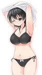  :| armpits arms_up ass_visible_through_thighs black_bra black_eyes black_hair black_panties bra breasts cleavage closed_mouth debutya_aki flying_sweatdrops hair_tie jindai_komaki large_breasts navel one_eye_closed panties saki shirt shirt_lift side-tie_panties simple_background solo sweat thigh_gap underwear underwear_only undressing white_background white_shirt 