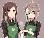  2hands1cup :d alternate_costume alternate_hairstyle ange_(princess_principal) apron bangs barista bespectacled black-framed_eyewear black_ribbon black_shirt braid brown_background brown_hair closed_mouth coffee_cup collared_shirt contemporary cup disposable_cup dorothy_(princess_principal) employee_uniform eyebrows_visible_through_hair fingernails glasses green_apron grey_hair hair_between_eyes hair_ribbon highres holding holding_cup long_hair looking_at_viewer multiple_girls open_mouth ponytail princess_principal purple_eyes ribbon semi-rimless_eyewear shirt sidelocks sleeves_pushed_up smile sorimachi-doufu under-rim_eyewear uniform 