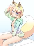  animal_ears between_legs blonde_hair blue_eyes breasts commentary_request eyebrows_visible_through_hair fox_ears fox_tail hair_ornament hairclip hand_between_legs hand_up hood hoodie looking_at_viewer medium_breasts naked_hoodie natsu_no_koucha no_bra no_pants open_clothes open_hoodie original short_hair simple_background sitting smile solo tail white_background 