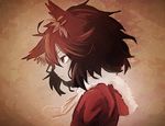  animal_ears brown_background brown_eyes brown_hair cat_ears chen denpa_rasaito expressionless from_side fur_collar highres hood hooded_jacket jacket messy_hair profile red_jacket solo touhou upper_body 