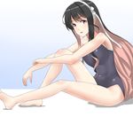  30-06 bare_shoulders barefoot black_hair black_swimsuit commentary_request competition_school_swimsuit gradient gradient_background hairband kantai_collection long_hair looking_at_viewer multicolored_hair naganami_(kantai_collection) one-piece_swimsuit pink_hair remodel_(kantai_collection) school_swimsuit sitting solo swimsuit two-tone_hair white_background white_hairband 