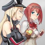 ark_royal_(kantai_collection) bangs bare_shoulders bismarck_(kantai_collection) blonde_hair blue_eyes blunt_bangs bob_cut braid breasts brown_gloves cleavage_cutout commentary corset crown detached_sleeves dress fingerless_gloves flower french_braid gloves hairband hat kantai_collection large_breasts long_hair long_sleeves looking_at_another military military_hat military_uniform mini_crown multiple_girls off-shoulder_dress off_shoulder peaked_cap red_flower red_hair red_ribbon red_rose ribbon rose sailor_hat short_hair shorts tiara ttk1138 uniform white_corset white_shorts yuri 