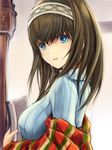  :d bangs blue_eyes blue_sweater book breasts brown_hair from_side hair_between_eyes hairband holding holding_book idolmaster idolmaster_cinderella_girls indoors long_hair looking_at_viewer looking_to_the_side medium_breasts nannacy7 open_book open_mouth sagisawa_fumika shawl smile solo sweater tareme upper_body 