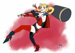 1girl blonde_hair blue_eyes blue_hair breasts cape cleavage dc_comics hammer harley_quinn high_heel_boots lipstick multicolored_hair solo thighhighs twintails white_skin 