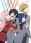  2girls ;p blue_hair darling_in_the_franxx glasses gorou_(darling_in_the_franxx) green_eyes highres hiro_(darling_in_the_franxx) ichigo_(darling_in_the_franxx) licking long_hair looking_back military military_uniform multiple_boys multiple_girls one_eye_closed pantyhose pink_hair pink_x sandwiched short_hair simple_background tongue tongue_out uniform white_background zero_two_(darling_in_the_franxx) 