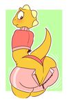  anthro big_butt blush butt clothed clothing crossdressing girly komponi looking_back male monster monster_kid panties partially_clothed raised_tail shorts simple_background solo sweater undertale underwear video_games zipper 