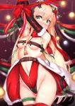  absurdres animal_ears artist_name bangs bell belt blonde_hair blush bound bound_arms breasts cat_ear_headphones cat_ears cat_tail christmas christmas_ornaments covered_mouth elbow_gloves embarrassed eyebrows_visible_through_hair fur-trimmed_gloves fur_trim girls_frontline gloves gluteal_fold gmkj green_eyes hair_between_eyes headphones highres jingle_bell long_hair looking_at_viewer navel red_legwear red_ribbon revealing_clothes ribbon scarf sidelocks small_breasts solo star stomach tail thighhighs tmp_(girls_frontline) very_long_hair 
