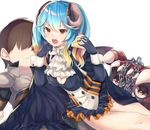  1girl :o black_cape blue_hair breasts brown_eyes brown_hair cake cape chain cleavage eating food gradient_hair horns lapis_(sennen_sensou_aigis) large_breasts multicolored_hair orange_hair panda_inu prince_(sennen_sensou_aigis) sennen_sensou_aigis sitting slice_of_cake white_neckwear 