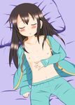  1girl bed black_hair blush breasts cum cum_on_body cum_on_upper_body eyes_closed female hand_on_own_stomach long_hair lying mitsudomoe mole mole_under_eye navel nipples ogata_airi on_back open_clothes open_mouth open_shirt pajamas pants pillow shirt sleeping small_breasts solo takamichis211 unbuttoned 