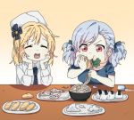  2girls blonde_hair eating eyes_closed food food_in_mouth fur_hat girls_frontline glass gradient_hair hat multicolored_hair multiple_girls nagant_revolver_(girls_frontline) pizza plate red_eyes sidarim spas-12_(girls_frontline) twintails 