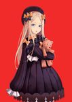  abigail_williams_(fate/grand_order) bangs black_bow black_dress black_hat blonde_hair bloomers blue_eyes bow bug butterfly chestnut_mouth commentary_request dress fate/grand_order fate_(series) forehead hair_bow hat highres insect long_hair long_sleeves looking_at_viewer object_hug open_mouth orange_bow parted_bangs polka_dot polka_dot_bow red_background sbean simple_background sleeves_past_fingers sleeves_past_wrists solo stuffed_animal stuffed_toy teddy_bear underwear very_long_hair white_bloomers 