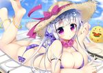  absurdres anklet ass azur_lane bikini bird blue_sky breasts butt_crack chair chick cleavage commentary_request cygnet_(azur_lane) day food fruit grey_hair hair_ornament hat highres jewelry large_breasts legs long_hair lounge_chair lying maritaki on_stomach plaid plaid_bikini purple_eyes sky solo straw_hat swimsuit watermelon 