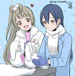  bangs blue_gloves blue_hair blush closed_mouth commentary_request gloves grey_hair hair_between_eyes kisaragi_mizu long_hair love_live! love_live!_school_idol_project minami_kotori mittens multiple_girls one_side_up open_mouth pink_gloves scarf simple_background smile snow snowing snowman sonoda_umi winter winter_clothes yellow_eyes 