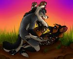  2016 5_fingers anal anal_penetration anthro anthro_on_anthro anvil_position black_fur black_hair black_leash_dog canine chest_tuft claws detailed_background digital_media_(artwork) dirt fluffy fluffy_tail fur grass grey_fur hair hand_on_leg hi_res hyena legs_up looking_at_partner lying male male/male mammal on_back open_mouth outside patrikthedog penetration sex tan_fur tongue tongue_out tuft wolf 