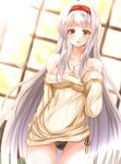  bare_shoulders black_panties breasts brown_eyes cleavage hairband highres interior jewelry kantai_collection kentan_(kingtaiki) large_breasts long_hair necklace panties ribbed_sweater shoukaku_(kantai_collection) silver_hair smile solo sunlight sweater underwear 