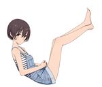  bare_legs barefoot brown_eyes brown_hair crossed_ankles crossed_legs denim expressionless from_side highres jeans legs legs_up looking_at_viewer original overalls pants shirt short_hair simple_background solo striped striped_shirt white_background yahiro_(epicopeiidae) 
