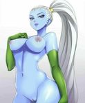  1girl blue_skin breasts dragon_ball dragon_ball_super elbow_gloves hand_on_own_chest long_hair looking_at_viewer nude parted_lips ponytail purple_eyes pussy silver_hair uncensored vados_(dragon_ball) 