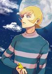  1boy asuka_ryou bird blonde_hair blue_eyes devilman moon shirt short_hair sideburns striped striped_shirt 