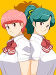  aqua_hair back-to-back ganto high_ponytail high_school!_kimengumi kawa_yui multiple_girls pink_hair red_neckwear red_ribbon ribbon school_uniform shirt short_hair upper_body uru_chie very_short_hair white_shirt 