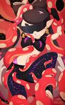  1girl aori_(splatoon) arms_up artist_name between_breasts bike_shorts black_background black_gloves black_shirt blush breasts cameltoe clenched_hand clenched_teeth crop_top dated earrings feet female gloves gradient_hair highres long_hair medium_breasts midriff mole mole_under_eye multicolored_hair nail_polish navel pantyhose patreon patreon_username phinci pixiv_username pointy_ears purple_hair purple_legwear restrained shirt short_sleeves signature simple_background solo splatoon spread_legs sweat teeth tentacle tentacle_hair text toes torn_clothes torn_shirt underboob visor watermark 