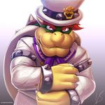  anthro bowser claws clothing english_text hair hat hybridmink koopa male mario_bros nintendo red_eyes red_hair scalie shell signature solo suit text video_games 
