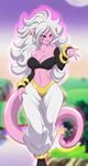  2018 alien android_21 big_breasts breasts cleavage clothed clothing curvaceous dragon_ball dragon_ball_fighterz dragon_ball_z ear_piercing female hair hi_res long_hair looking_at_viewer majin majin_android_21 mastergodai not_furry piercing pointy_ears red_eyes smile solo strapless_bra thick_thighs translucent_hair voluptuous white_hair wide_hips 