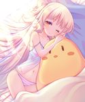  azur_lane babydoll bangs bed_sheet blush breasts cleavage collarbone commentary eyebrows_visible_through_hair light_brown_hair long_hair lying medium_breasts mole mole_under_eye navel on_side one_eye_closed orange_eyes panties parted_lips pillow sakurato_ototo_shizuku solo strap_slip striped striped_panties stuffed_animal stuffed_toy underwear very_long_hair z46_(azur_lane) 