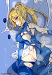  1girl areola_slip areolae blonde_hair blue_eyes blush bodysuit breasts female lying messy metroid mos1613 nintendo open_mouth ponytail samus_aran solo suggestive_fluid torn_clothes 