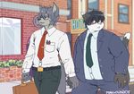  black_pants blue_coat blue_pants blue_shirt cat couple_(disambiguation) duo eyewear feline glasses hand_holding male male/male mammal mangolynx mitsuhisa_aotsuki morenatsu necktie neko-itoi obese outside overweight overweight_male public suitcase white_shirt 