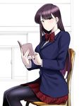  \||/ black_eyes black_legwear blazer book bow bowtie breasts highres hisakabe_oune holding holding_book jacket komi-san_wa_komyushou_desu komi_shouko long_hair looking_at_viewer medium_breasts pantyhose school_uniform sitting sketch solo 