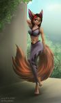  2018 4_toes anthro barefoot canine clothed clothing day detailed_background digital_media_(artwork) eyelashes female fox green_eyes mammal midriff navel outside p-v-s smile solo standing stanidng toes wide_hips 