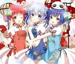  :d ;d animal animal_on_head bangs blue_dress blue_eyes blue_hair blush brown_eyes chestnut_mouth chimame-tai china_dress chinese_clothes commentary_request double_bun dress eyebrows_visible_through_hair fang flower girl_sandwich gochuumon_wa_usagi_desu_ka? green_flower hair_between_eyes hair_flower hair_ornament hair_rings highres jouga_maya kafuu_chino lantern looking_at_viewer multiple_girls natsu_megumi on_head one_eye_closed open_mouth outstretched_arm panda paper_lantern parted_lips puffy_short_sleeves puffy_sleeves red_dress red_hair revision ryoutan sandwiched short_sleeves side_bun sidelocks smile x_hair_ornament yellow_eyes 